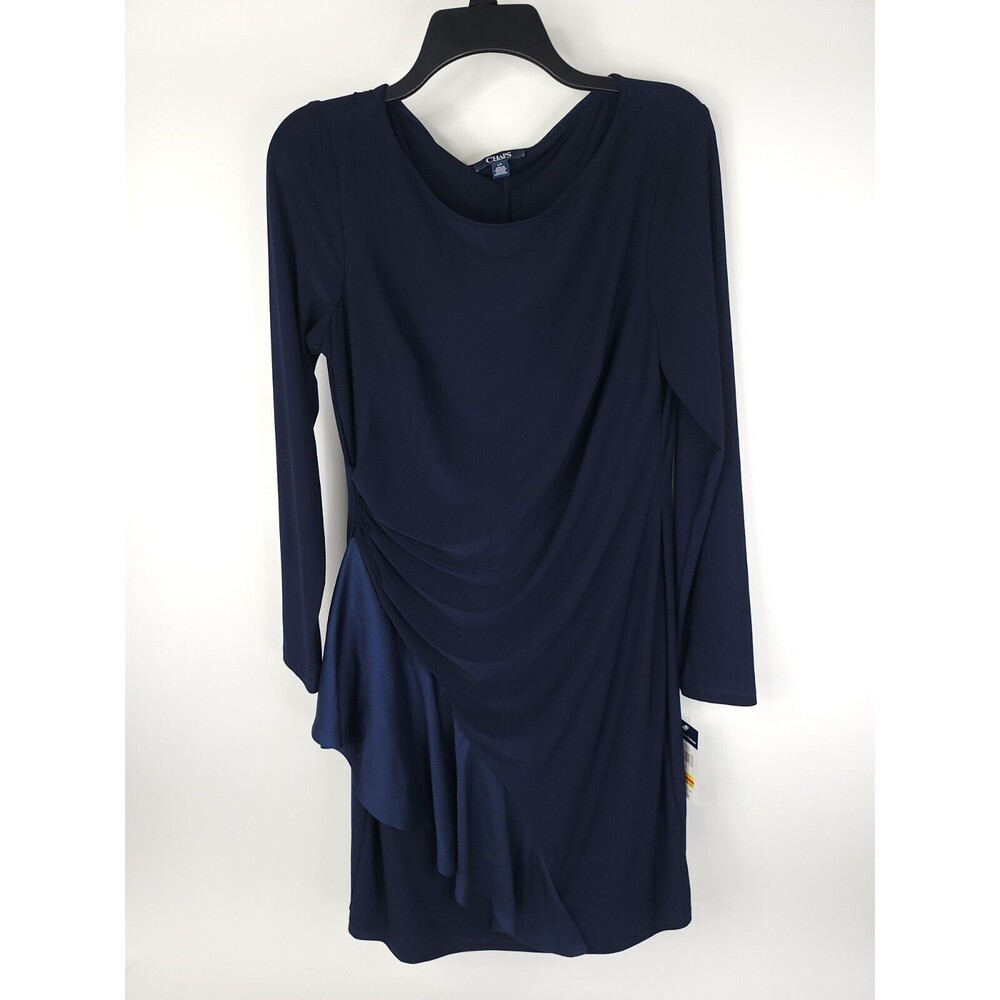 Chaps Dress Womens Size Large Knee Long Dark Blue Stretch Long Sleeve Faux Wrap